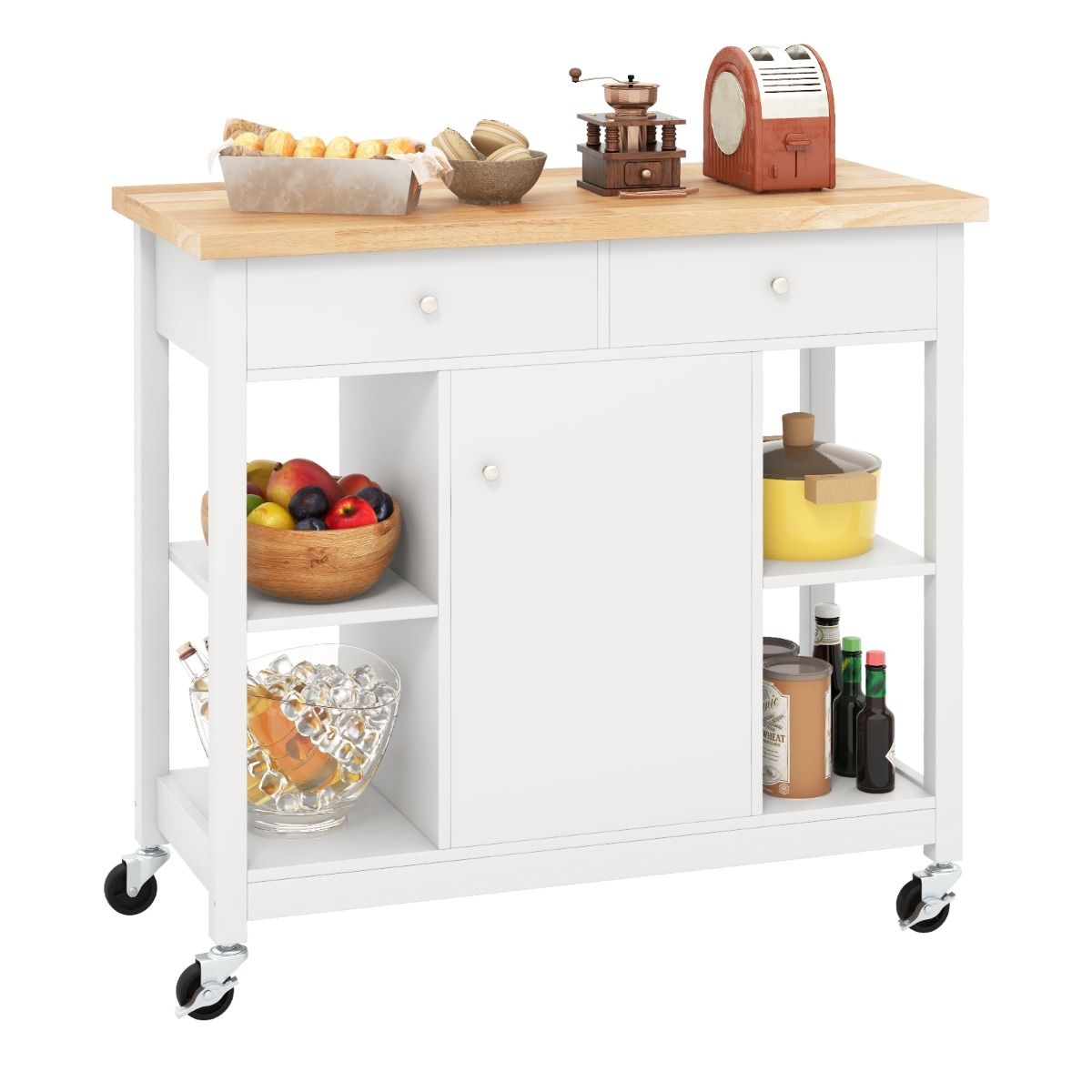 Coast Mobile Kitchen Trolley Rollende Kücheninsel Weiß 99 x 46 x 90 cm mit gummierter Holzplatte, 4 offenen Regalen, 2 tiefen Schubladen und 1 geschlossenem Schrank