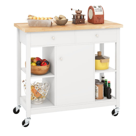 Coast Mobile Kitchen Trolley Rollende Kücheninsel Weiß 99 x 46 x 90 cm mit gummierter Holzplatte, 4 offenen Regalen, 2 tiefen Schubladen und 1 geschlossenem Schrank
