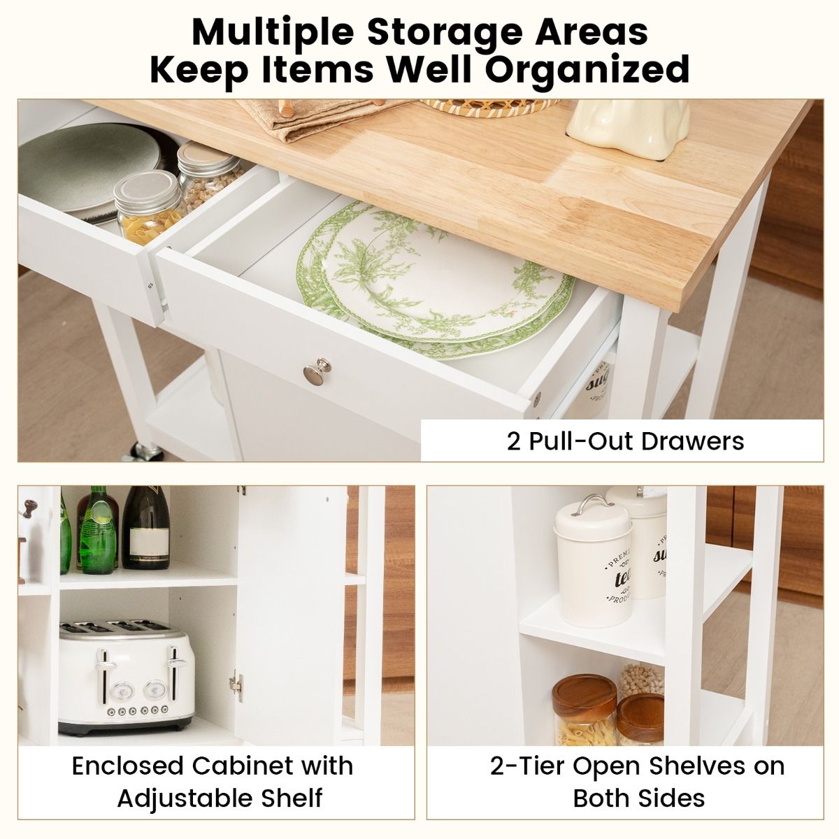 Coast Mobile Kitchen Trolley Rollende Kücheninsel Weiß 99 x 46 x 90 cm mit gummierter Holzplatte, 4 offenen Regalen, 2 tiefen Schubladen und 1 geschlossenem Schrank