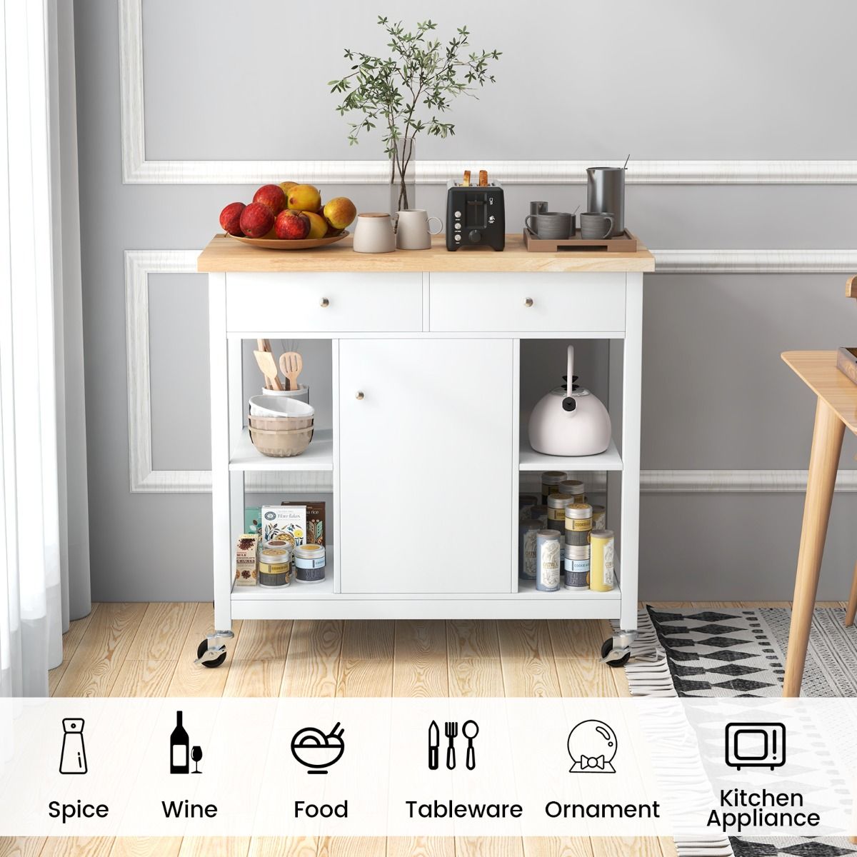 Coast Mobile Kitchen Trolley Rollende Kücheninsel Weiß 99 x 46 x 90 cm mit gummierter Holzplatte, 4 offenen Regalen, 2 tiefen Schubladen und 1 geschlossenem Schrank