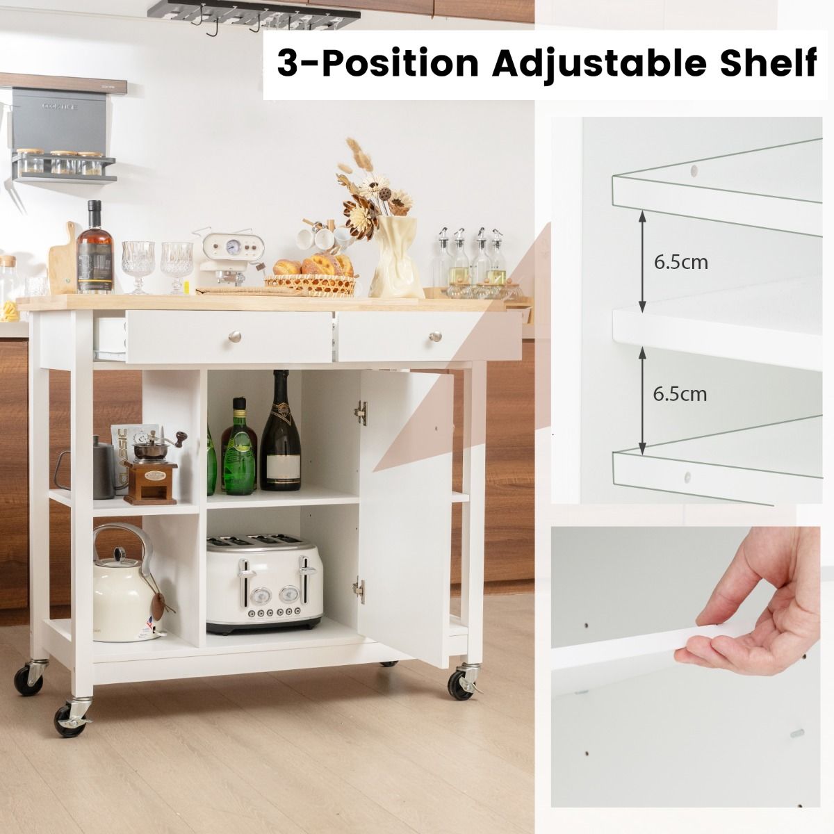 Coast Mobile Kitchen Trolley Rollende Kücheninsel Weiß 99 x 46 x 90 cm mit gummierter Holzplatte, 4 offenen Regalen, 2 tiefen Schubladen und 1 geschlossenem Schrank