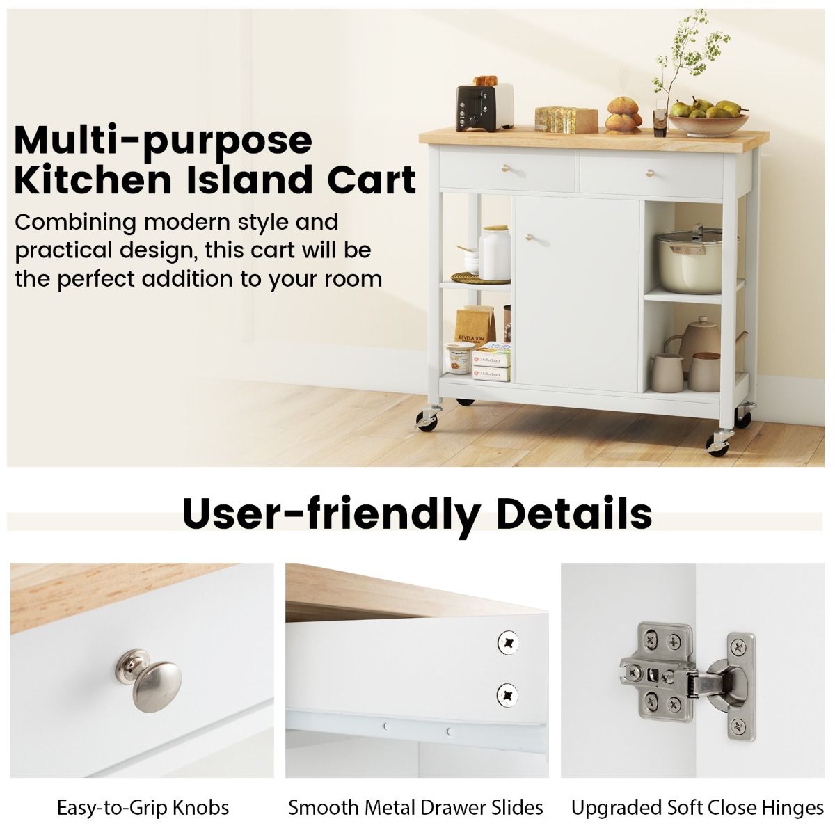Coast Mobile Kitchen Trolley Rollende Kücheninsel Weiß 99 x 46 x 90 cm mit gummierter Holzplatte, 4 offenen Regalen, 2 tiefen Schubladen und 1 geschlossenem Schrank