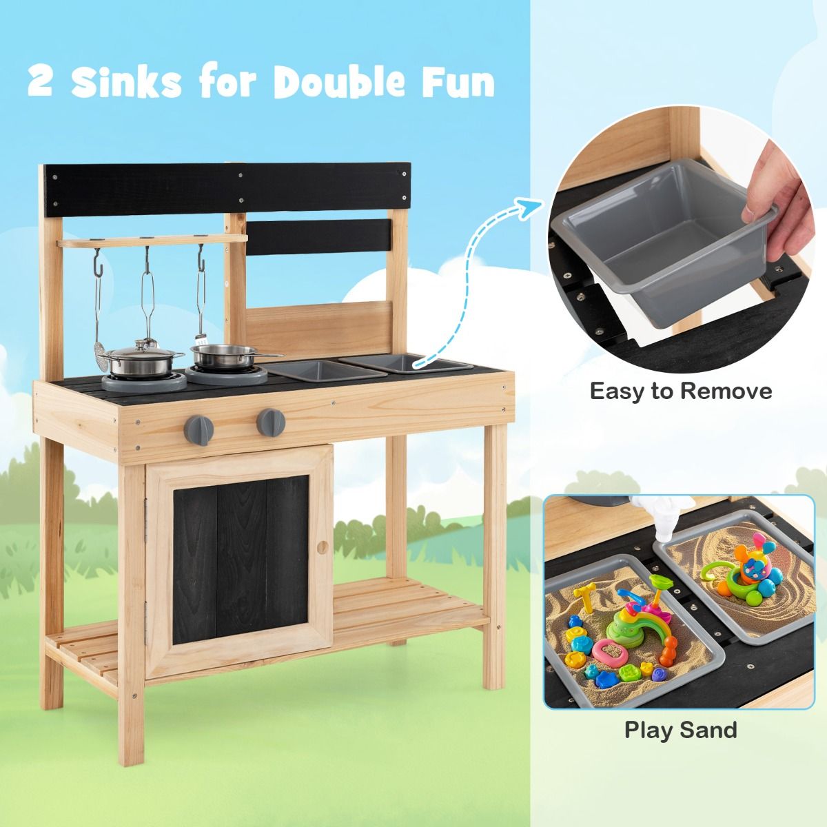 Coast Kinderspielküche mit 2 abnehmbaren Spülbecken & Herd & Kochgeschirr Outdoor-Küche für Kinder