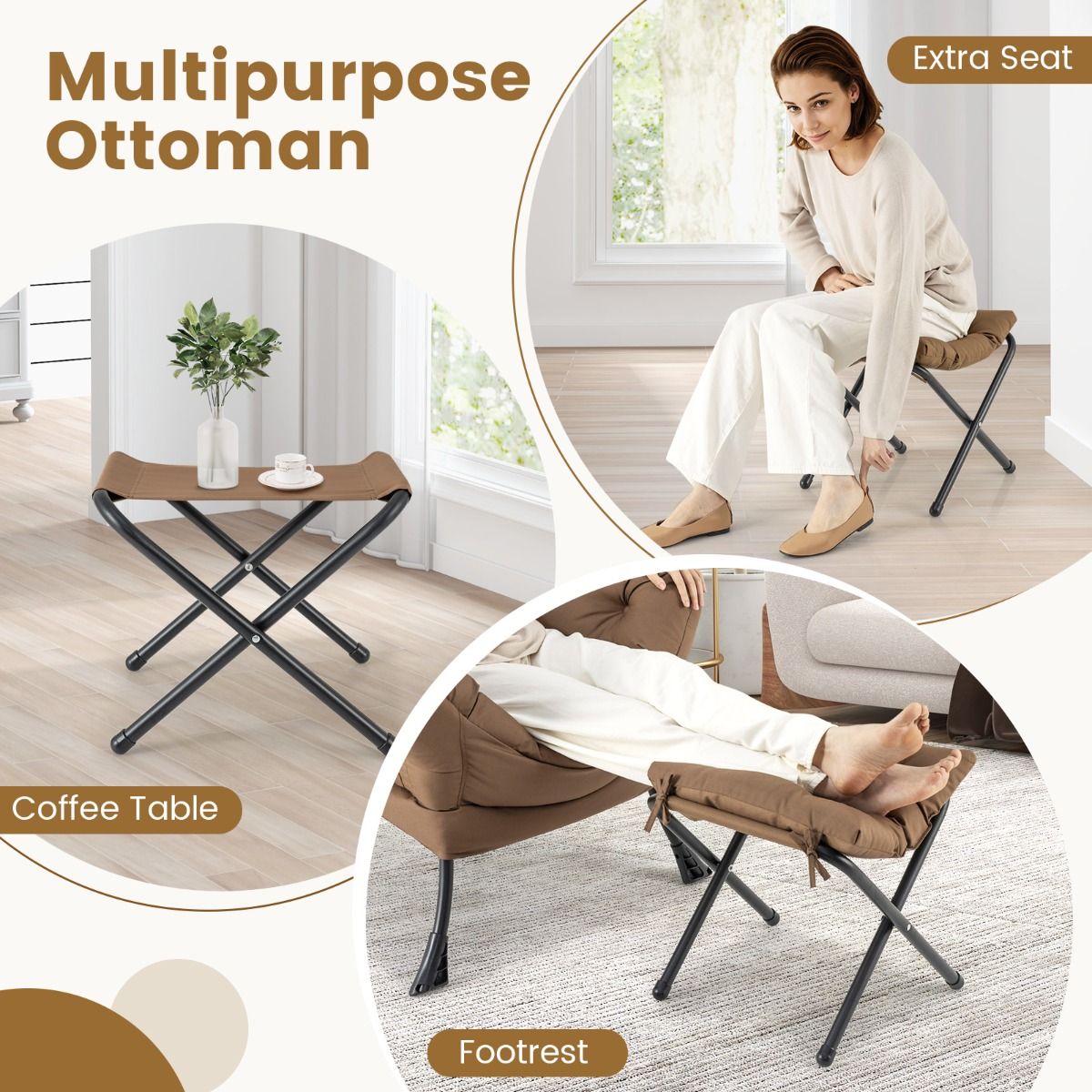 coast Armchair mit Hocker - Relaxsessel mit Armlehnen & Fußstütze - Loungesessel Fernsehsessel Ohrensessel - Braun - 75x81x94,5 cm | Hocker 42x42x48 cm