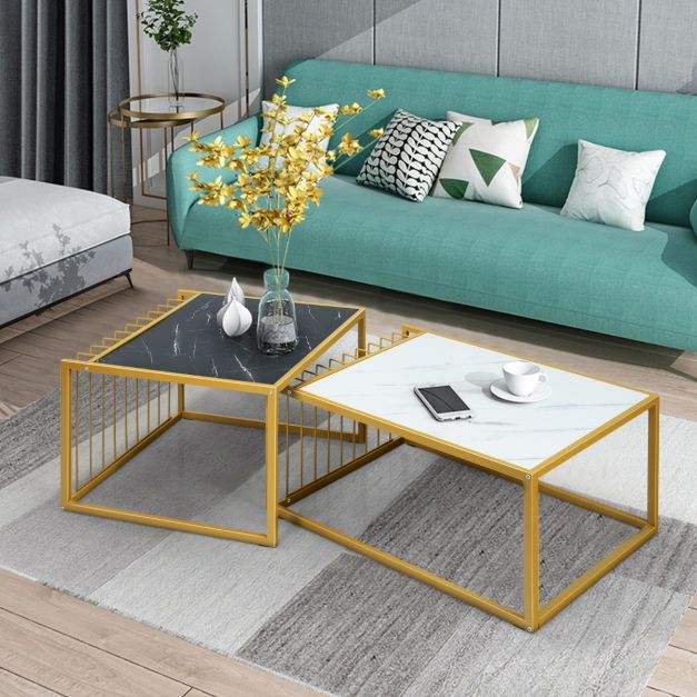 Coast 2er-Set Couchtisch - gold/weiß/schwarz - P2 - MDF - Eisen - Max.50 kg - 80x53x38,5 cm