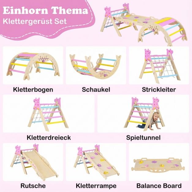 Coast Montessori Kletterset Natur/Macaron - 8-in-1-Kletterdreieck aus Holz mit Bogen und Rutsche - 90 x 38,5 x 13 cm Rampe