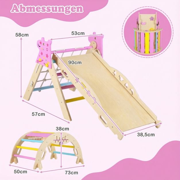 Coast Montessori Kletterset Natur/Macaron - 8-in-1-Kletterdreieck aus Holz mit Bogen und Rutsche - 90 x 38,5 x 13 cm Rampe