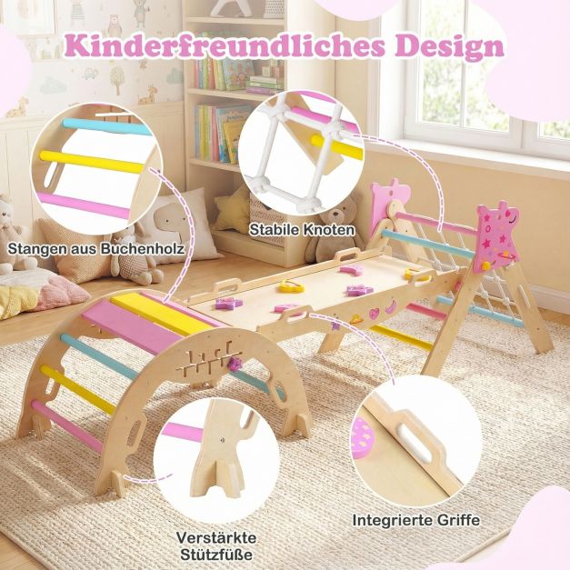 Coast Montessori Kletterset Natur/Macaron - 8-in-1-Kletterdreieck aus Holz mit Bogen und Rutsche - 90 x 38,5 x 13 cm Rampe