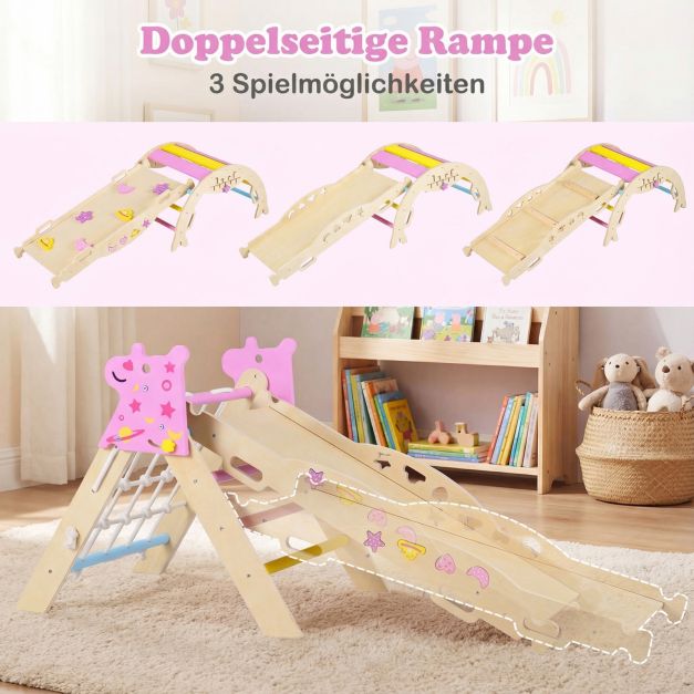Coast Montessori Kletterset Natur/Macaron - 8-in-1-Kletterdreieck aus Holz mit Bogen und Rutsche - 90 x 38,5 x 13 cm Rampe
