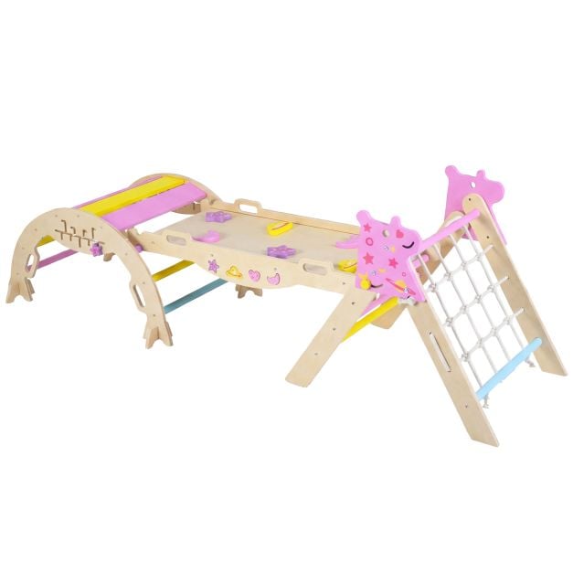 Coast Montessori Kletterset Natur/Macaron - 8-in-1-Kletterdreieck aus Holz mit Bogen und Rutsche - 90 x 38,5 x 13 cm Rampe