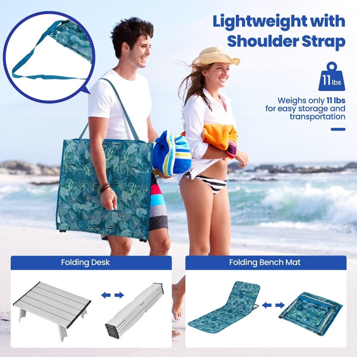 Strandmatten und Beistelltisch Coast - 3er-Set - türkisblau - faltbar