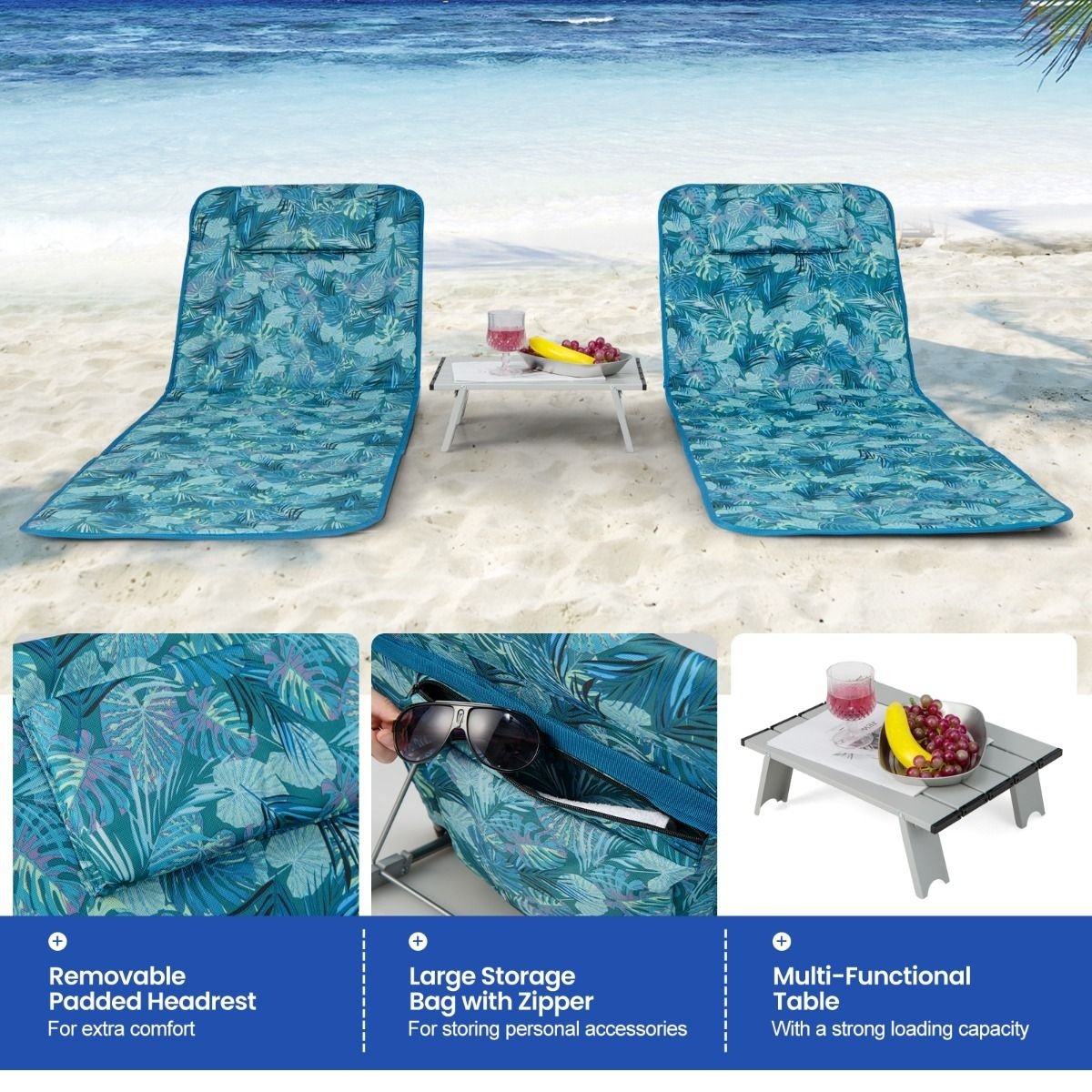 Strandmatten und Beistelltisch Coast - 3er-Set - türkisblau - faltbar