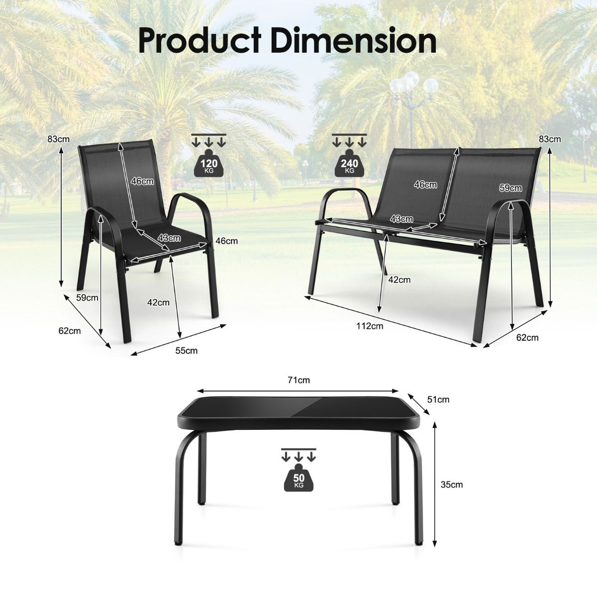Coast 4-tlg. Gartenmöbelset Schwarz - Balkonset mit Bank, 2 Stühlen und Tisch - 112 x 62 x 83 cm