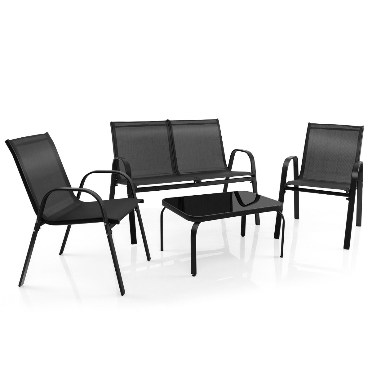 Coast 4-tlg. Gartenmöbelset Schwarz - Balkonset mit Bank, 2 Stühlen und Tisch - 112 x 62 x 83 cm