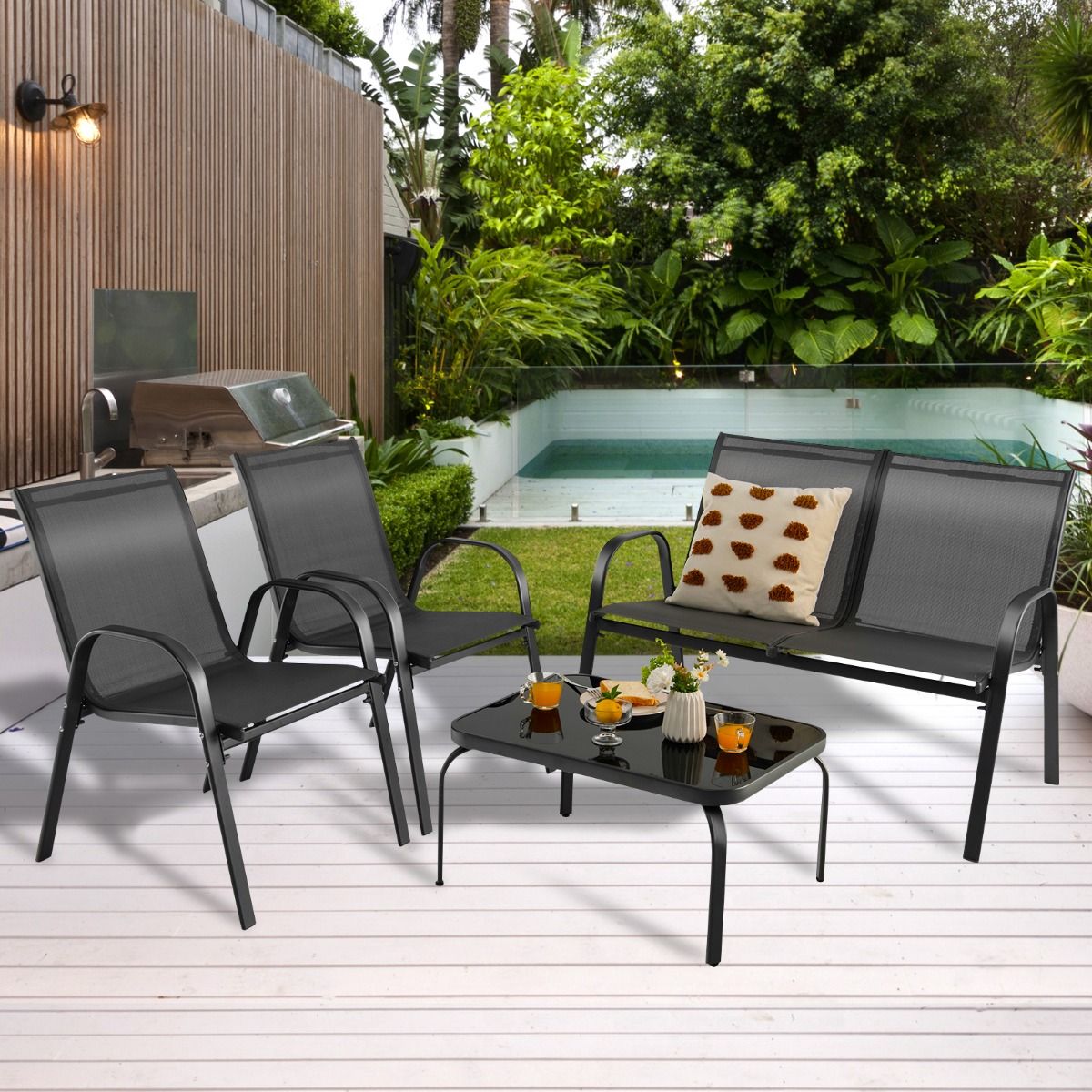 Coast 4-tlg. Gartenmöbelset Schwarz - Balkonset mit Bank, 2 Stühlen und Tisch - 112 x 62 x 83 cm