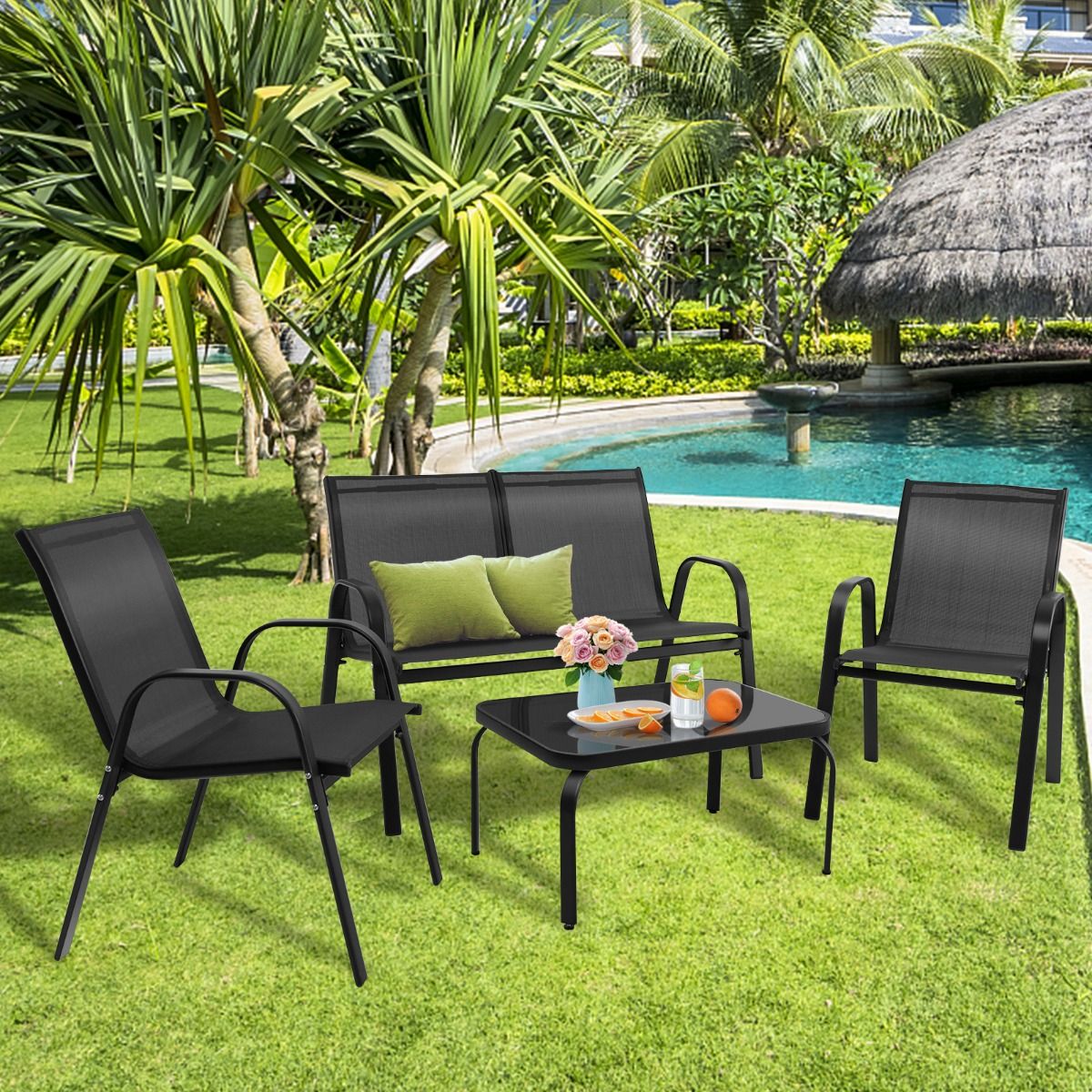 Coast 4-tlg. Gartenmöbelset Schwarz - Balkonset mit Bank, 2 Stühlen und Tisch - 112 x 62 x 83 cm