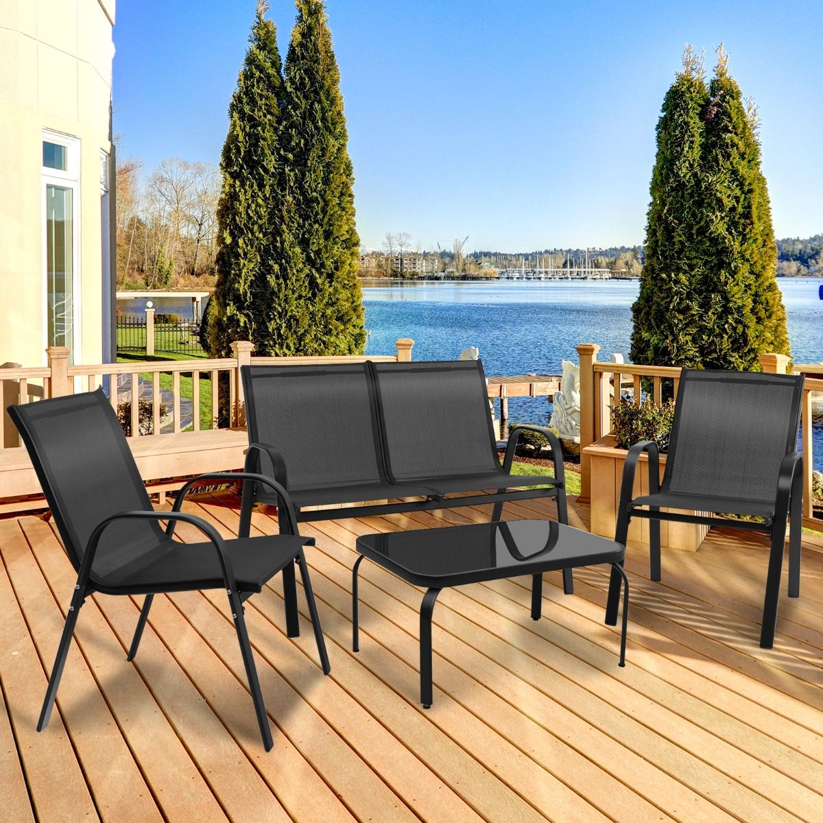 Coast 4-tlg. Gartenmöbelset Schwarz - Balkonset mit Bank, 2 Stühlen und Tisch - 112 x 62 x 83 cm