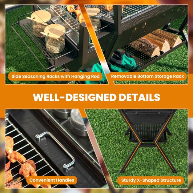 Coast Camping Grill - Holzkohle - Windschutzscheibe - Edelstahl - Ablagefläche - 98 x 42 x 68 cm - Braun Schwarz