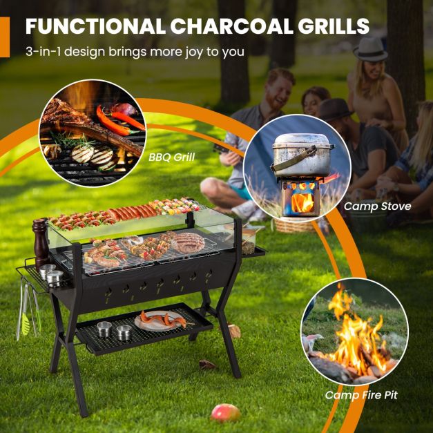 Coast Camping Grill - Holzkohle - Windschutzscheibe - Edelstahl - Ablagefläche - 98 x 42 x 68 cm - Braun Schwarz