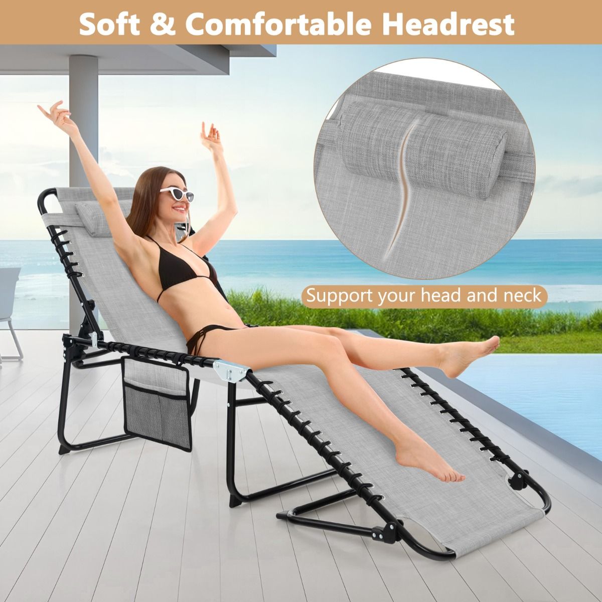 Coast Garden Lounger - Sonnenliege mit Seitentasche und Kopfstütze - klappbar - mit verstellbarer Rückenlehne - grau