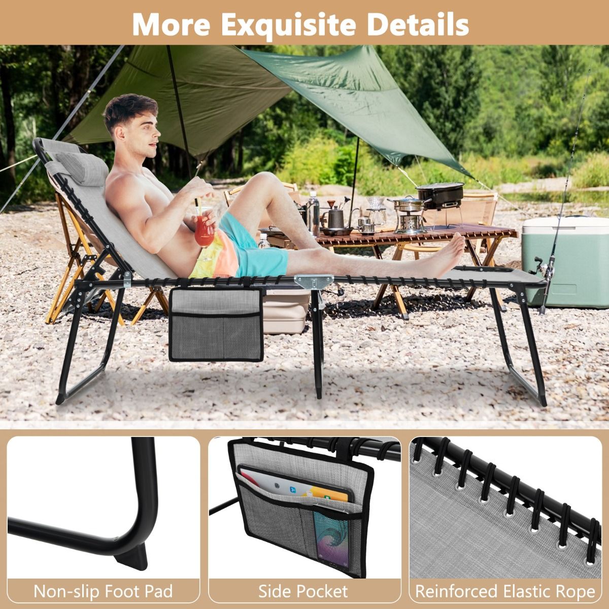 Coast Garden Lounger - Sonnenliege mit Seitentasche und Kopfstütze - klappbar - mit verstellbarer Rückenlehne - grau