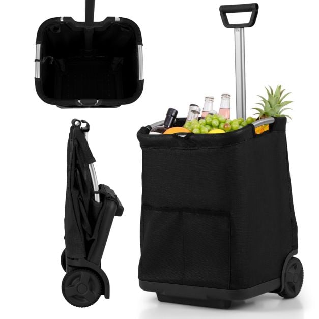 Coast Shopping Trolley Schwarz - faltbarer 50L Einkaufswagen mit 3 Fächern und verstellbarem Griff - 40 x 36 x 58/90 cm