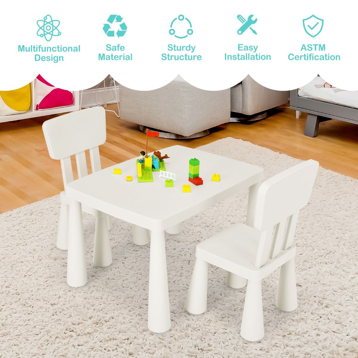 Coast 3-teiliges Kindertisch-Set - 1 Tisch mit 2 Stühlen - 76,5 x 54,5 x 49,5 cm - Polypropylen - Weiß