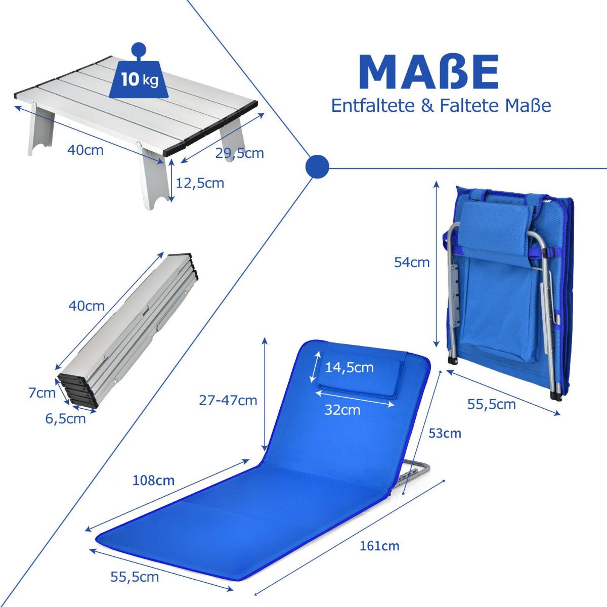 Strandmatten und Beistelltisch Coast - 3er-Set - blau - faltbar