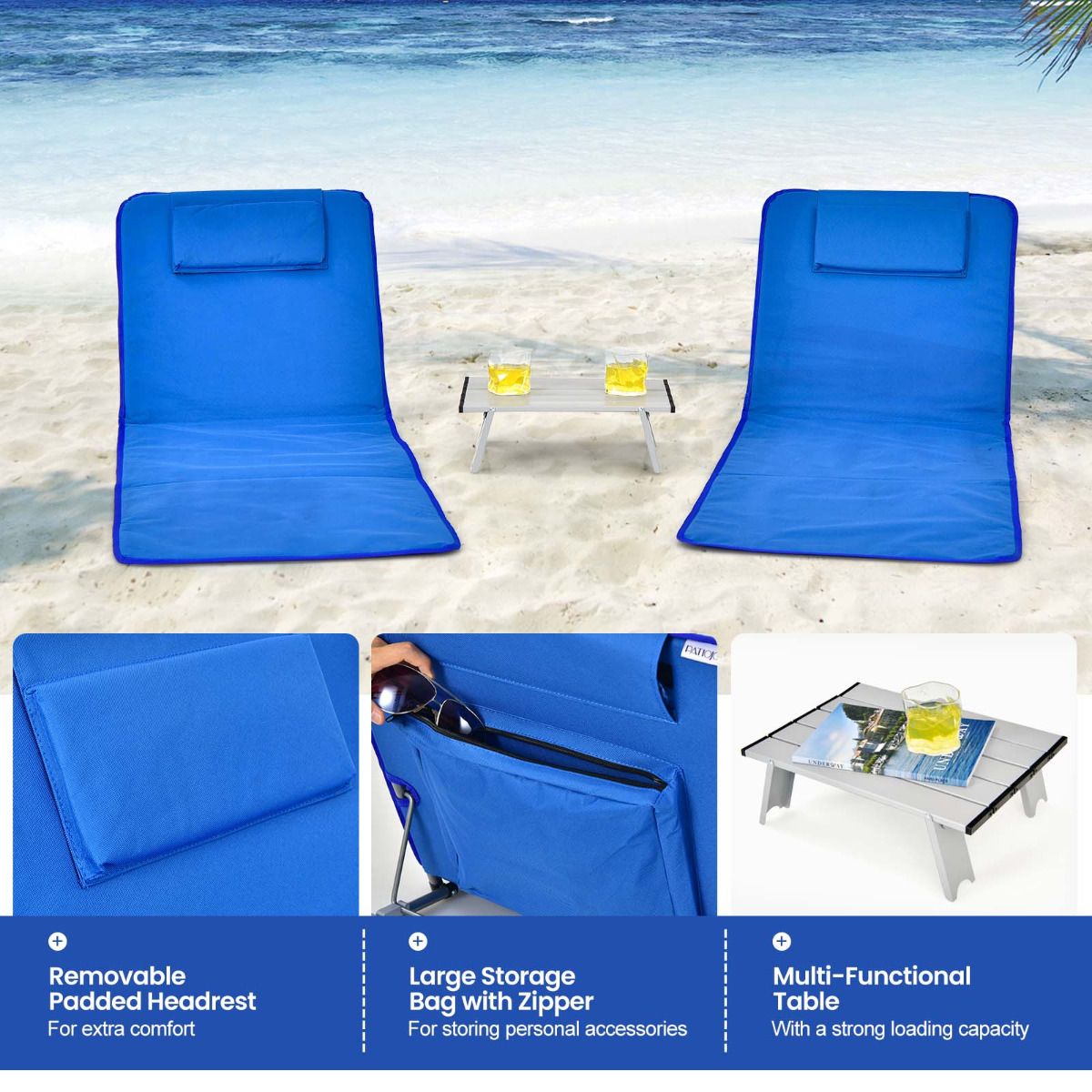 Strandmatten und Beistelltisch Coast - 3er-Set - blau - faltbar