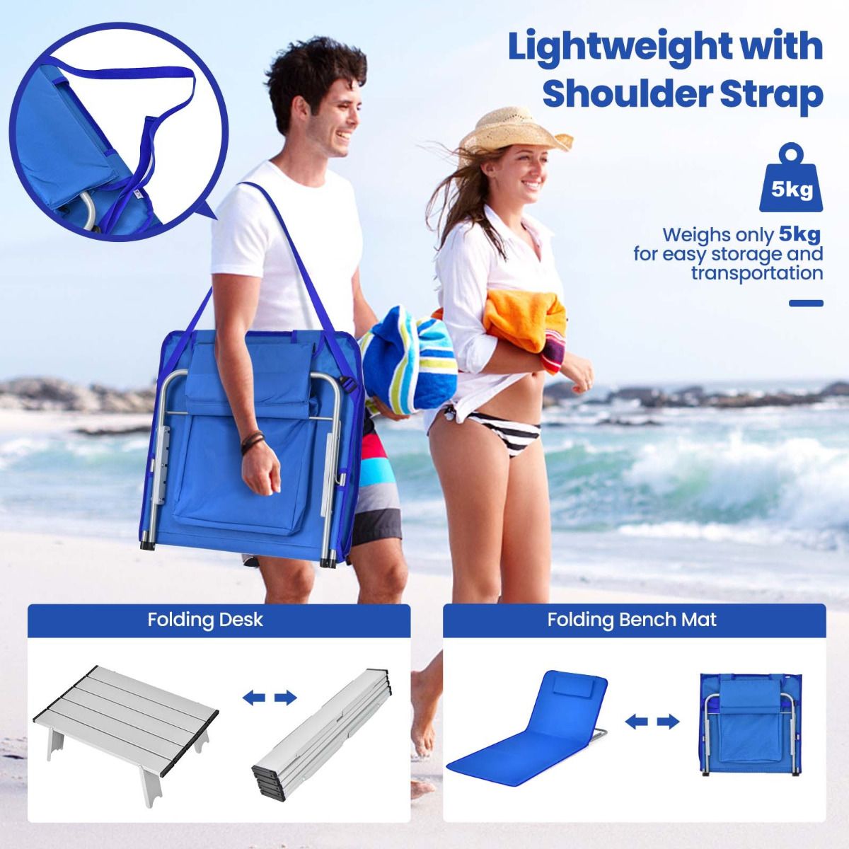 Strandmatten und Beistelltisch Coast - 3er-Set - blau - faltbar
