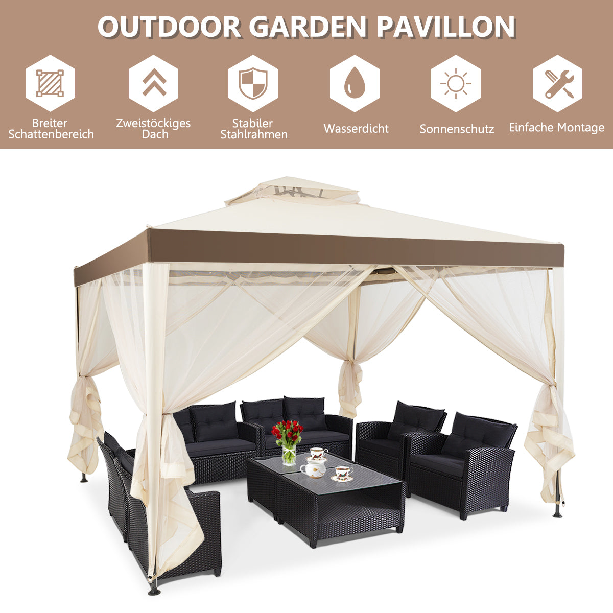 Coast Gartenpavillon (Partyzelt) - Inklusive 4 Seitenwänden, wasserdicht & UV-Schutz - 300 x 300 x 265 cm - Stahl/Polyester - Beige