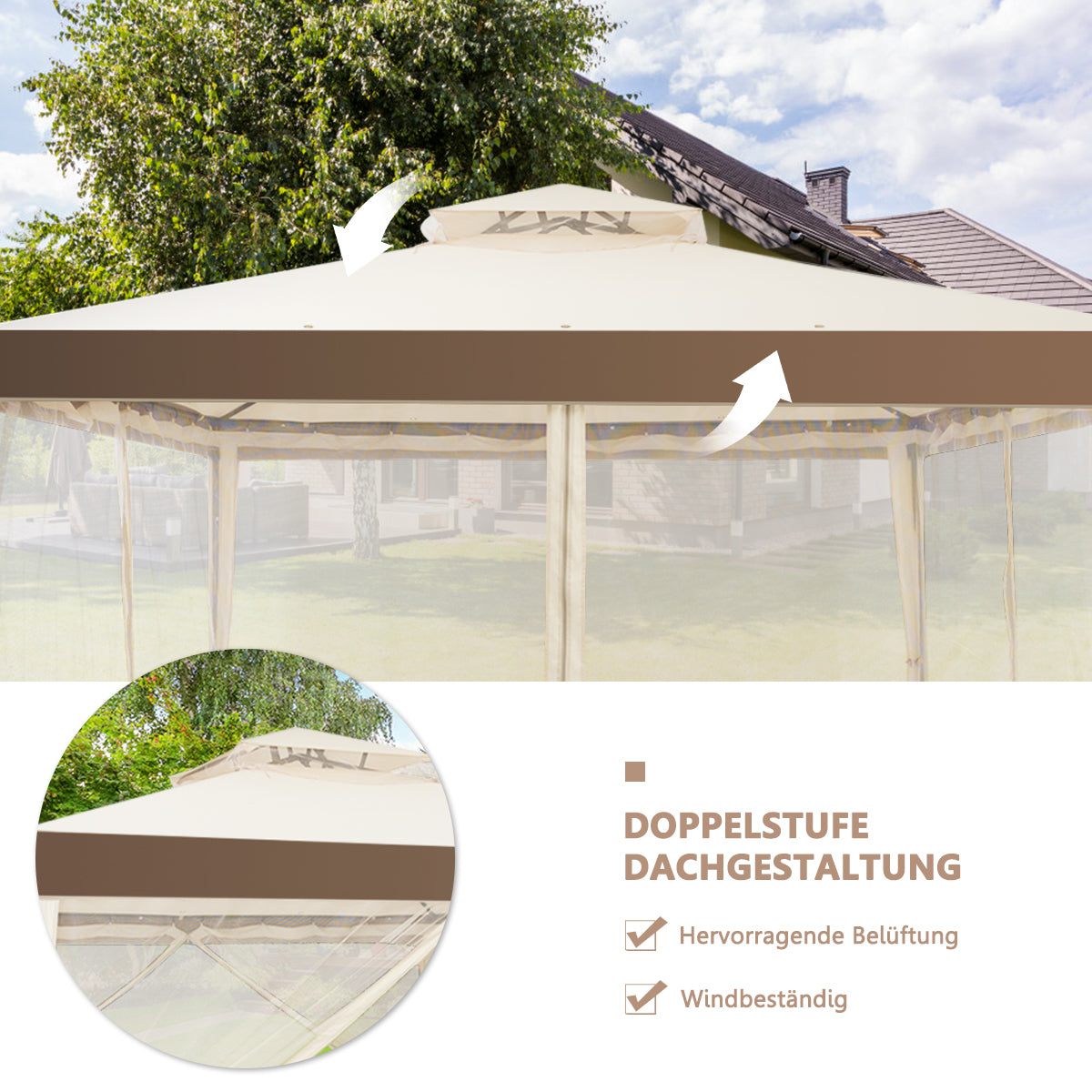 Coast Gartenpavillon (Partyzelt) - Inklusive 4 Seitenwänden, wasserdicht & UV-Schutz - 300 x 300 x 265 cm - Stahl/Polyester - Beige