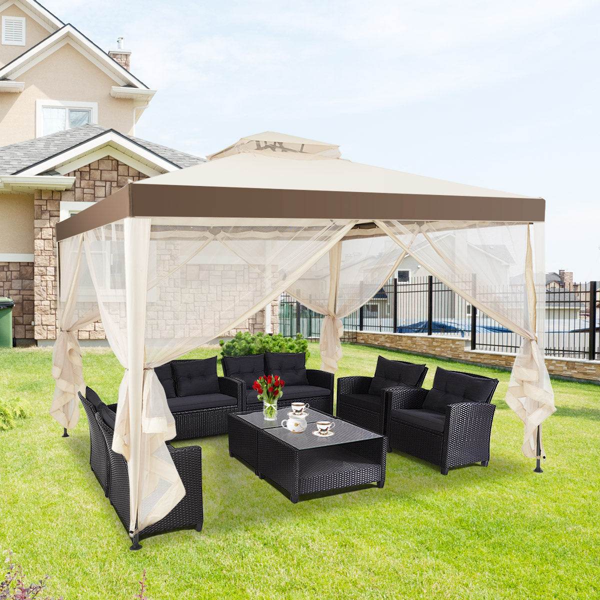 Coast Gartenpavillon (Partyzelt) - Inklusive 4 Seitenwänden, wasserdicht & UV-Schutz - 300 x 300 x 265 cm - Stahl/Polyester - Beige