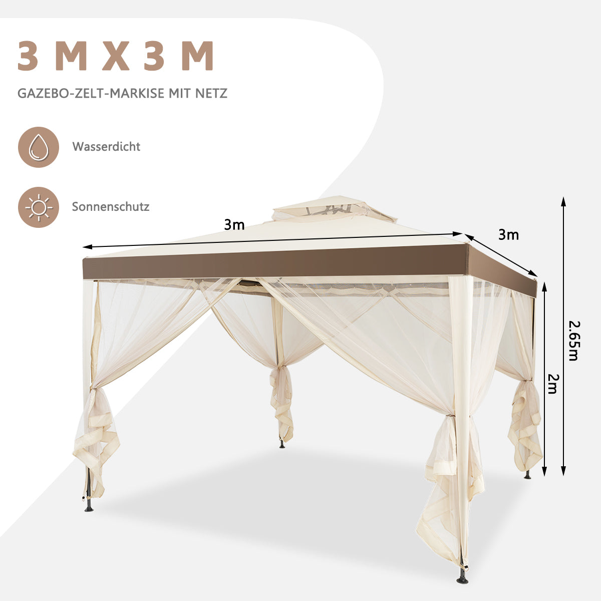 Coast Gartenpavillon (Partyzelt) - Inklusive 4 Seitenwänden, wasserdicht & UV-Schutz - 300 x 300 x 265 cm - Stahl/Polyester - Beige