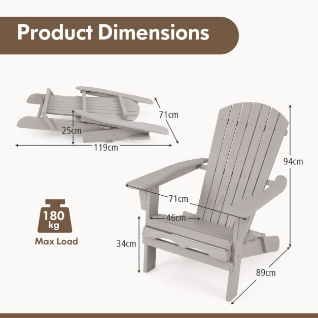 Coast Adirondack Stuhl - klappbar - Holz - Ergonomisch - Hohe Rückenlehne - 89 x 71 x 94 cm - Grau