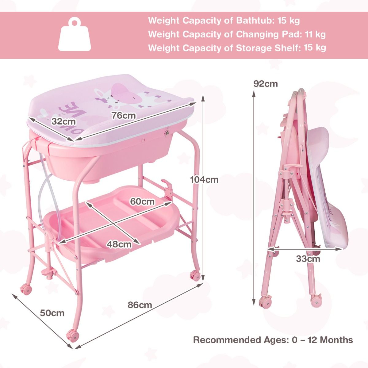 Coast 4-in-1 faltbarer Wickeltisch mit Badewanne und Rädern - Rosa - 86 x 50 x 100 cm