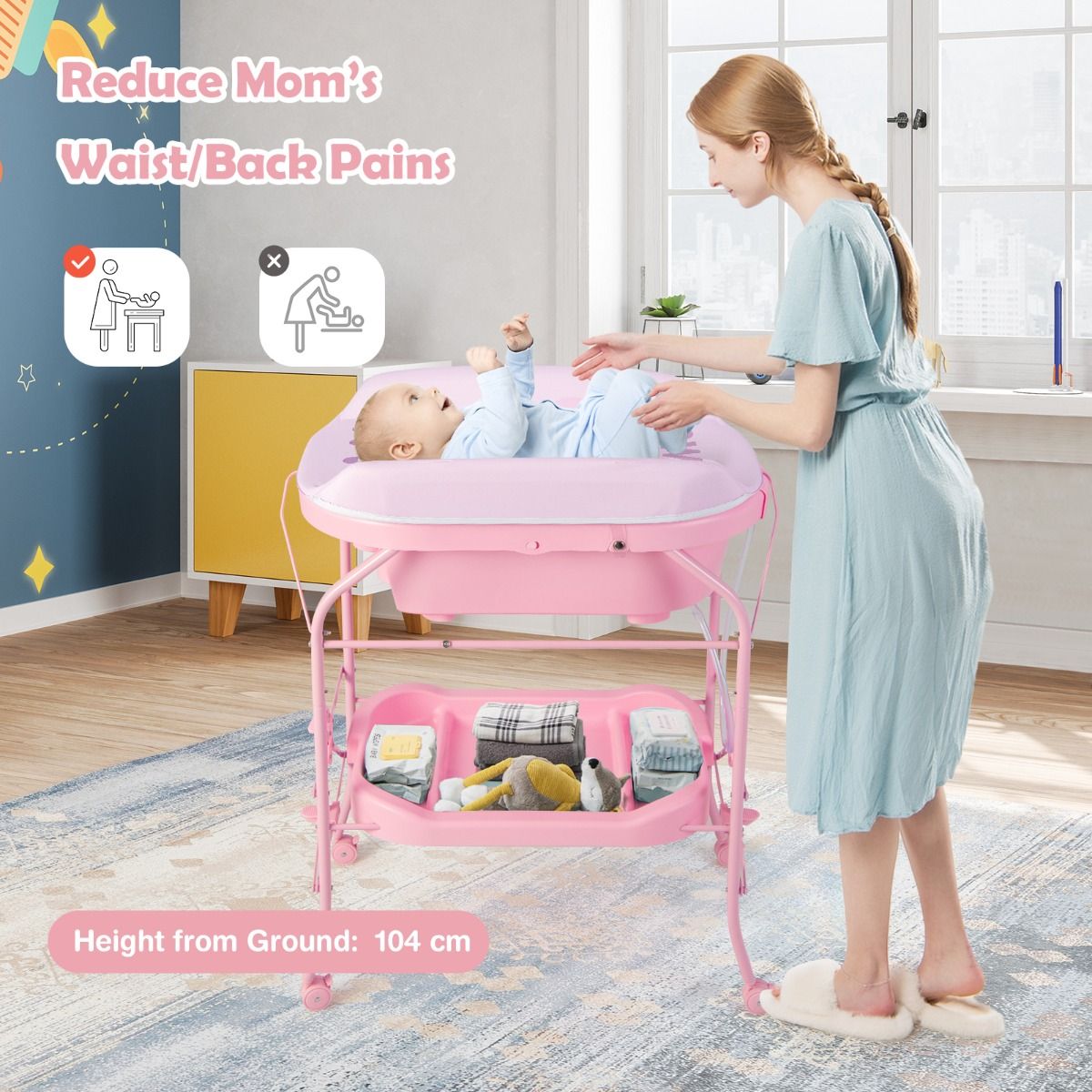Coast 4-in-1 faltbarer Wickeltisch mit Badewanne und Rädern - Rosa - 86 x 50 x 100 cm