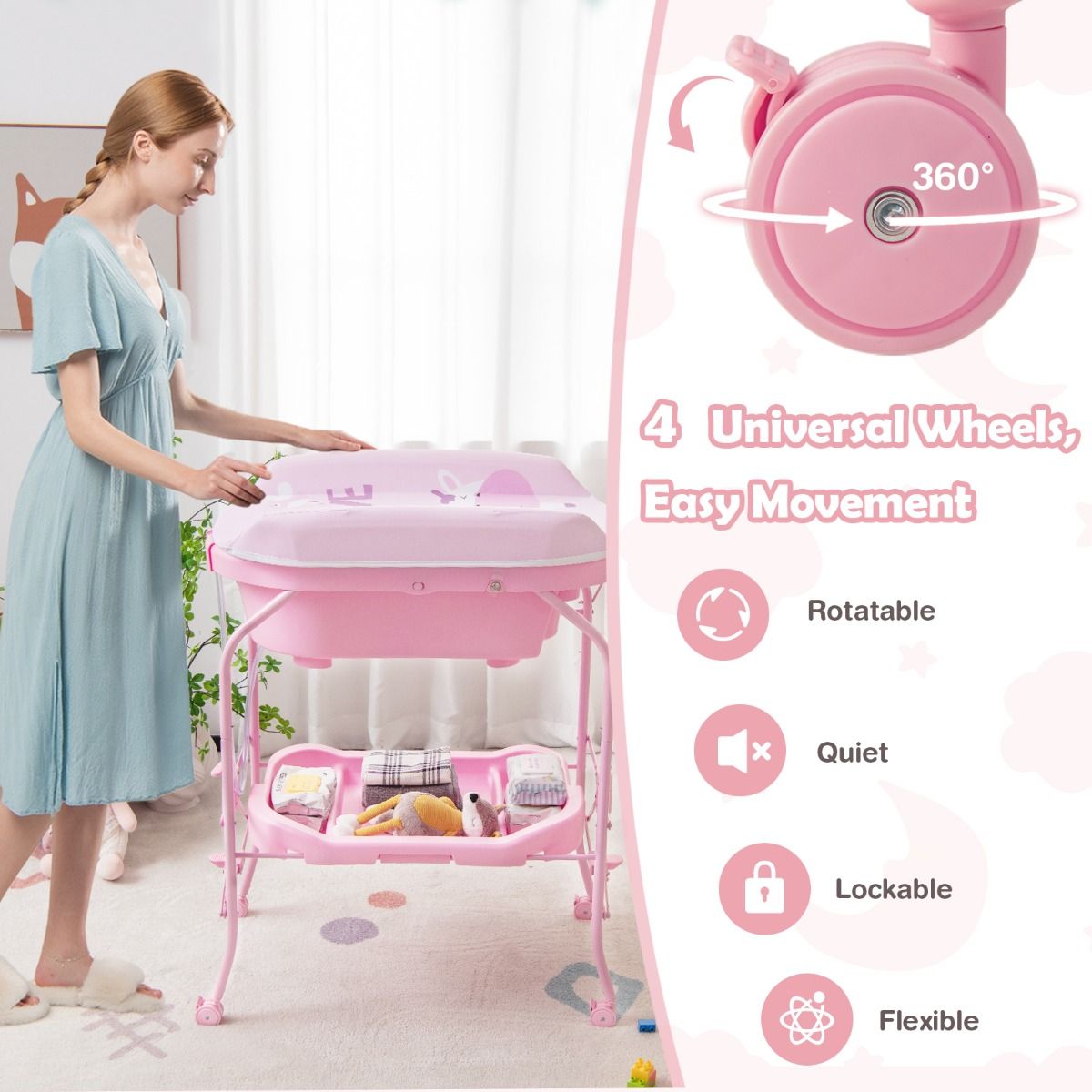Coast 4-in-1 faltbarer Wickeltisch mit Badewanne und Rädern - Rosa - 86 x 50 x 100 cm