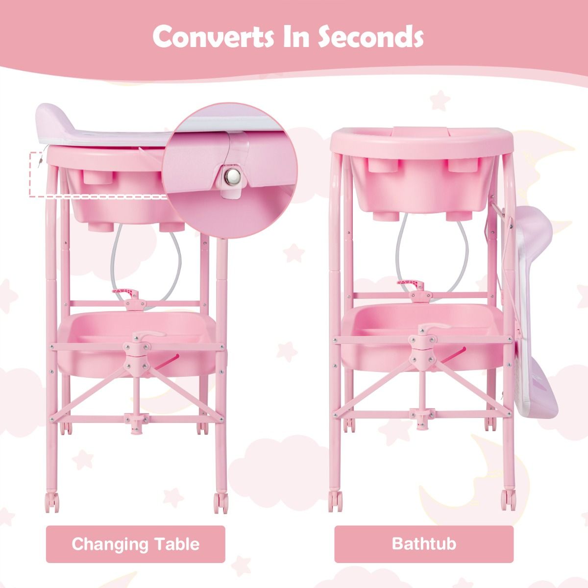 Coast 4-in-1 faltbarer Wickeltisch mit Badewanne und Rädern - Rosa - 86 x 50 x 100 cm