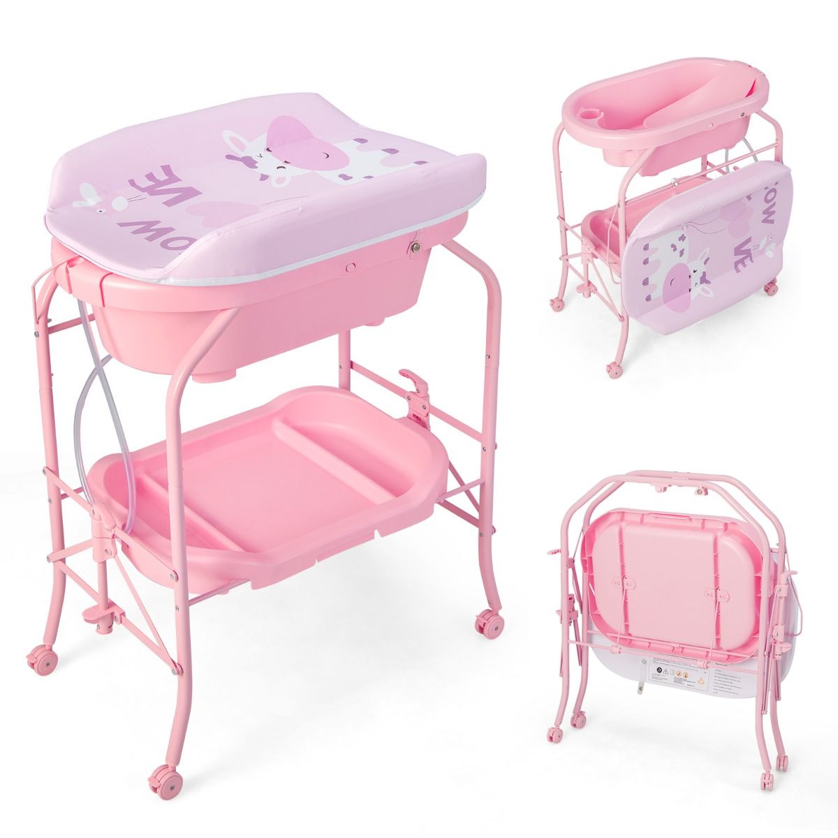 Coast 4-in-1 faltbarer Wickeltisch mit Badewanne und Rädern - Rosa - 86 x 50 x 100 cm