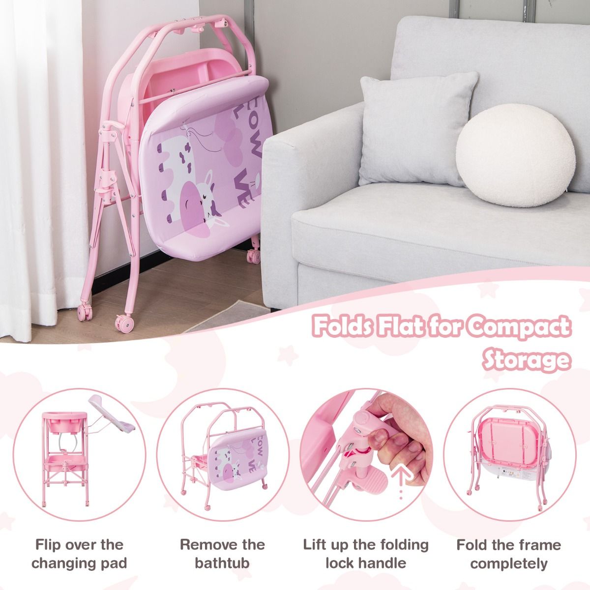 Coast 4-in-1 faltbarer Wickeltisch mit Badewanne und Rädern - Rosa - 86 x 50 x 100 cm
