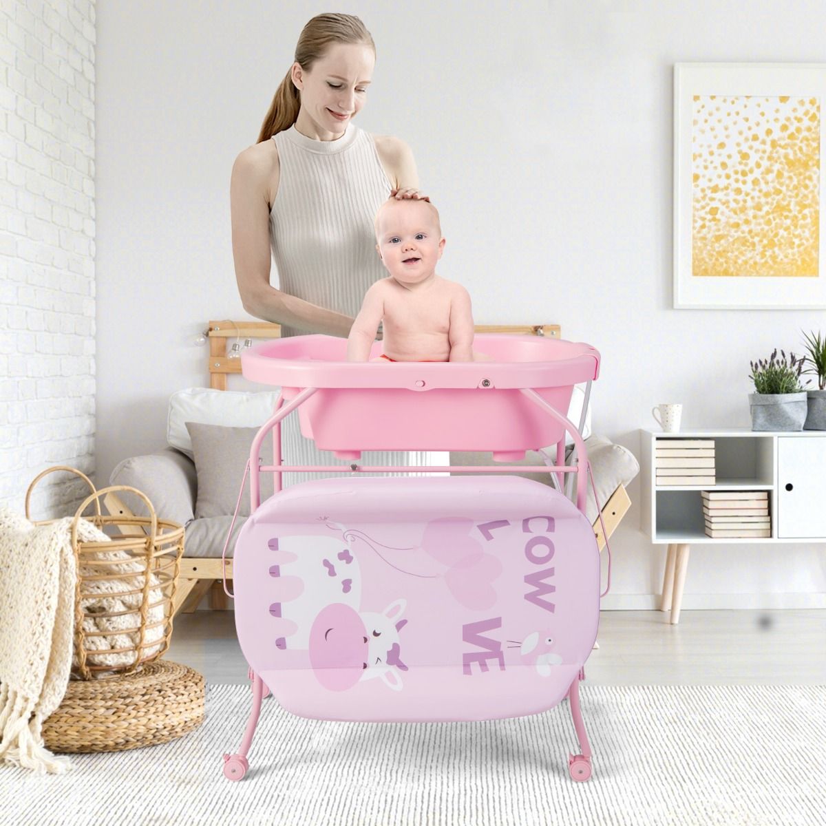 Coast 4-in-1 faltbarer Wickeltisch mit Badewanne und Rädern - Rosa - 86 x 50 x 100 cm