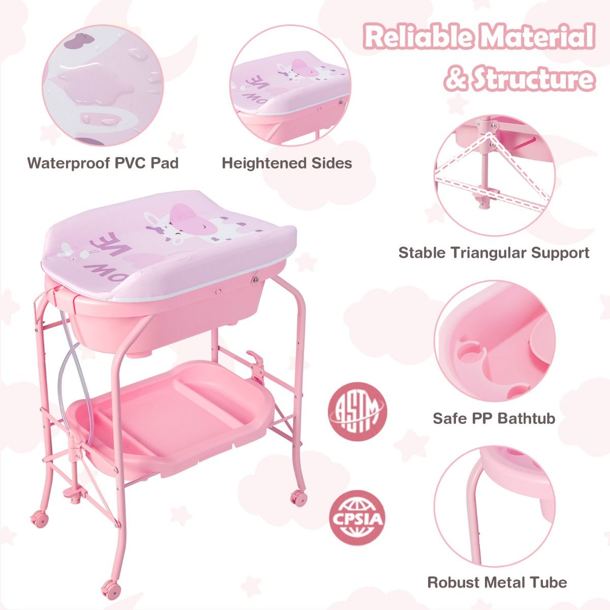 Coast 4-in-1 faltbarer Wickeltisch mit Badewanne und Rädern - Rosa - 86 x 50 x 100 cm