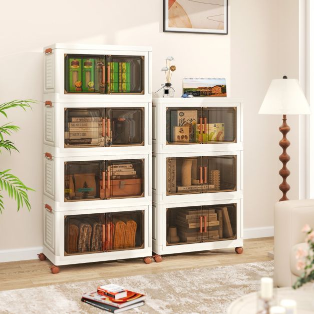 Coast Storage Boxes Weiß/Braun - Faltbarer, stapelbarer Organizer mit Türen und Rädern - 57-156L