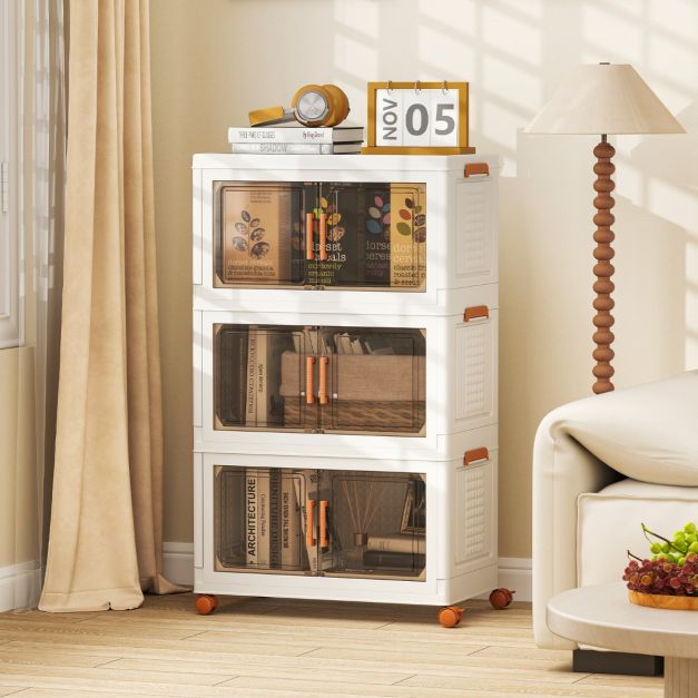 Coast Storage Boxes Weiß/Braun - Faltbarer, stapelbarer Organizer mit Türen und Rädern - 57-156L