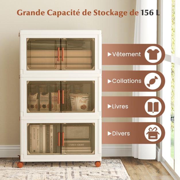 Coast Storage Boxes Weiß/Braun - Faltbarer, stapelbarer Organizer mit Türen und Rädern - 57-156L