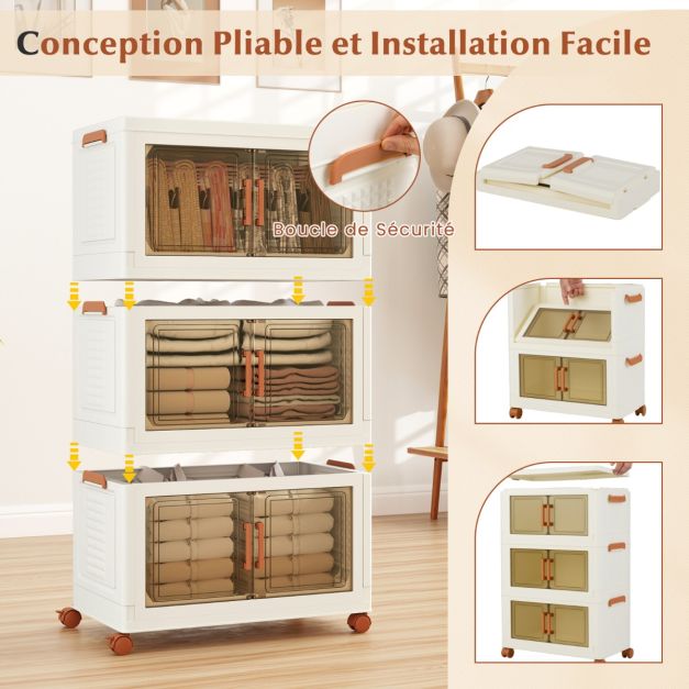 Coast Storage Boxes Weiß/Braun - Faltbarer, stapelbarer Organizer mit Türen und Rädern - 57-156L