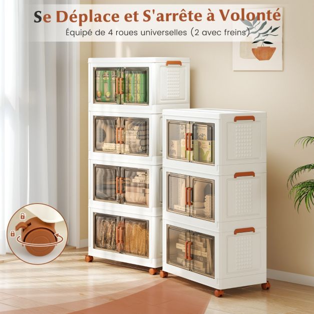 Coast Storage Boxes Weiß/Braun - Faltbarer, stapelbarer Organizer mit Türen und Rädern - 57-156L