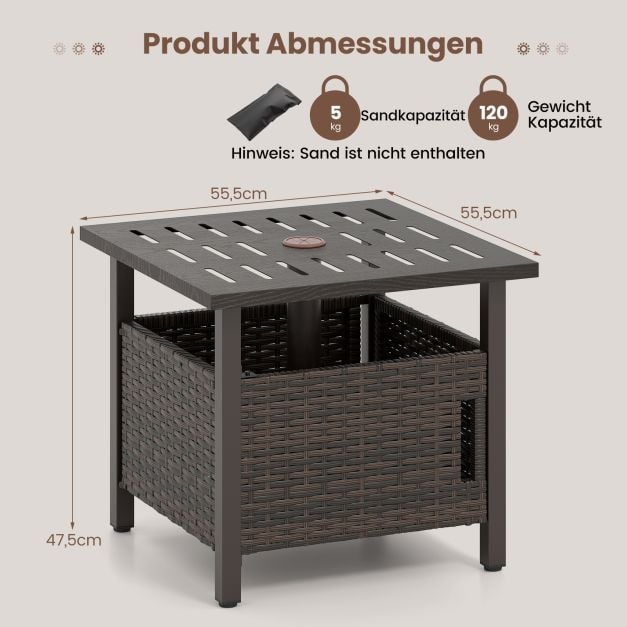 Coast Rattan Beistelltisch Mixed Brown - Wetterfester Gartentisch mit Sonnenschirmloch - 55,5 x 55,5 x 47,5 cm