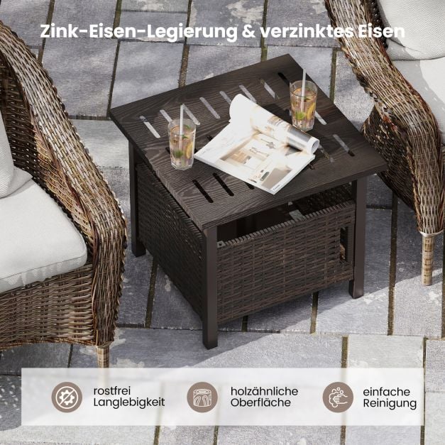 Coast Rattan Beistelltisch Mixed Brown - Wetterfester Gartentisch mit Sonnenschirmloch - 55,5 x 55,5 x 47,5 cm